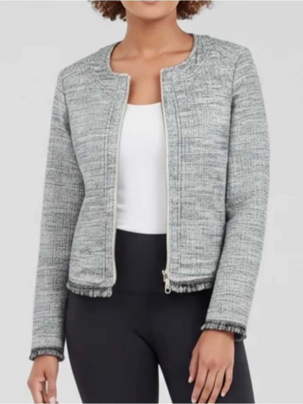 Banana Republic Tweed Boucle Jacket Gray Black White Fringe Zip Up Blazer 10